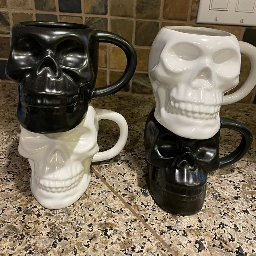 Hyde and EEK Stoneware Skull Mugs  Set of 4 with 3 Shot Glasses